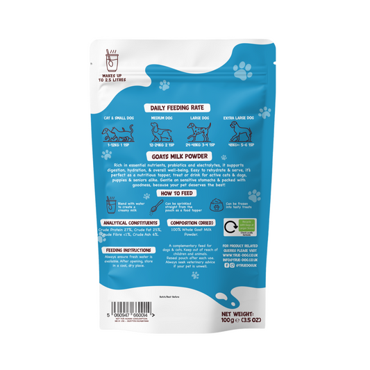 True Dog Goats Milk Powder, in a retail pouch, rear view showing feeding guide, ingredients, and nutritional information.
