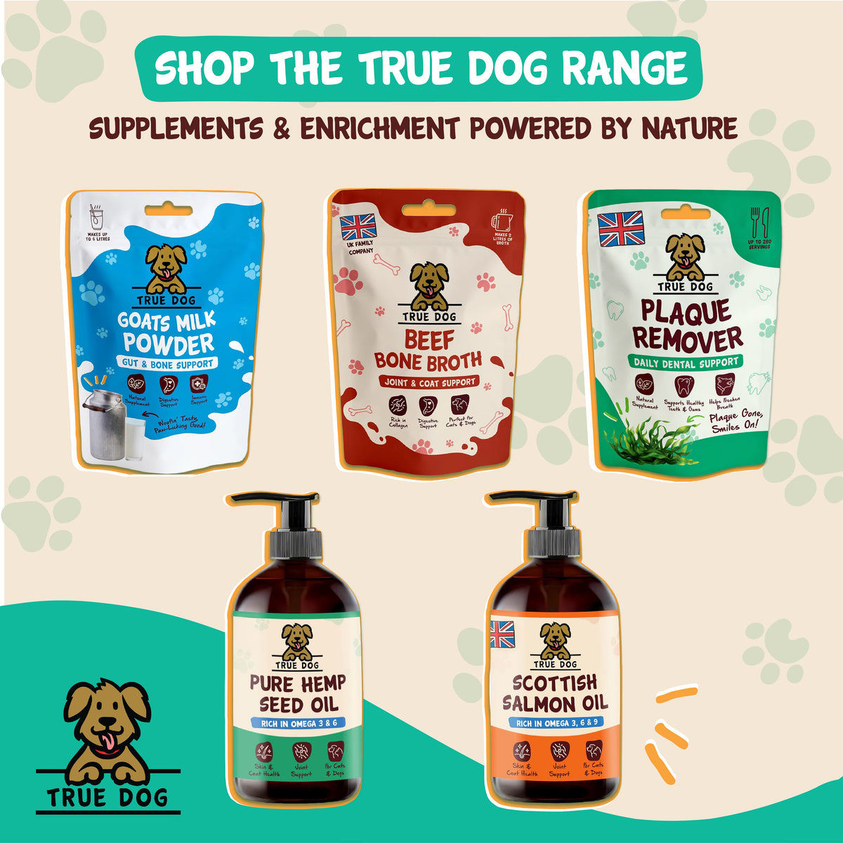 True Dog graphic: Shop the True Dog Range, featuring Goat's Milk Powder, Beef Bone Broth, Plaque Remover, Hemp Seed Oil, and Scottish Salmon Oil.