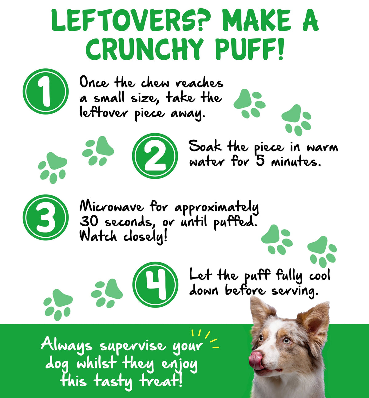 True Dog Yak Chew Crunchy Puff guide: take leftover, soak in warm water for 5 minutes, microwave for 30 seconds, and let cool down.