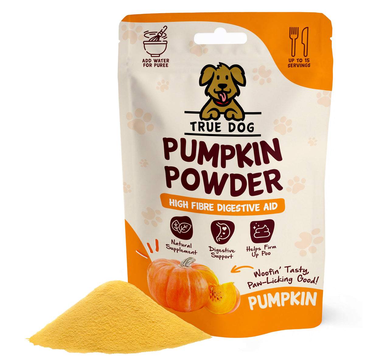 True Dog Pumpkin Powder, High-fibre digestive aid for dogs. In retail pouch, with pile of pumpkin powder in front.