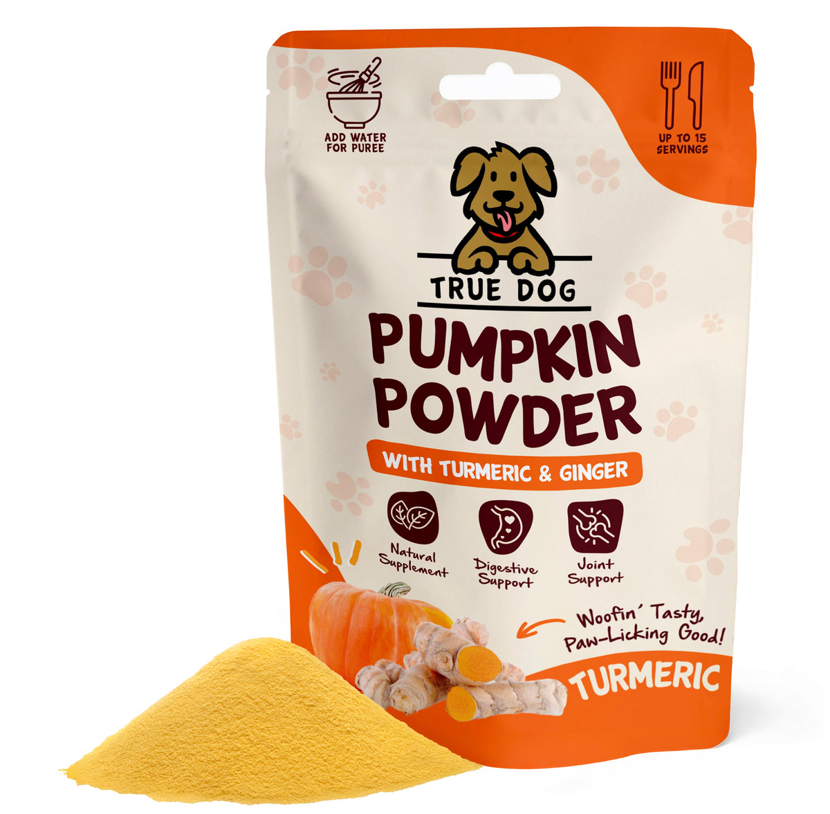 True Dog Pumpkin Powder with Turmeric & Ginger, joint & digestion support for dogs, in retail pouch with pile of pumpkin powder.