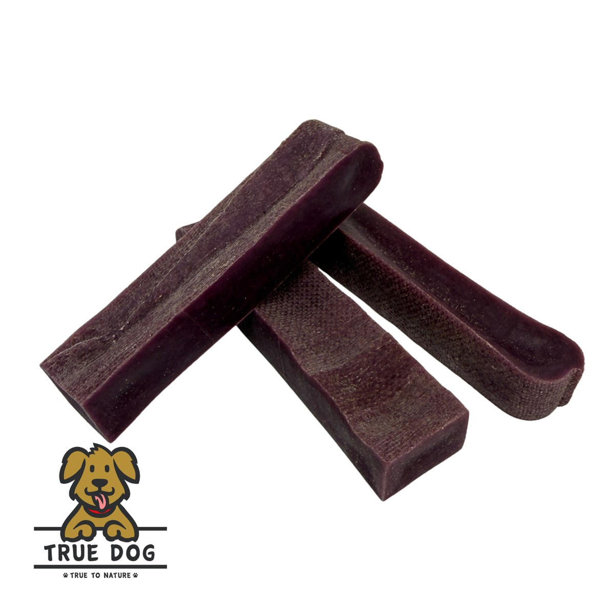 Three True Dog Yak Chews Blueberry Flavour stacked in a pile. Chew bars for dog dental care and enrichment.