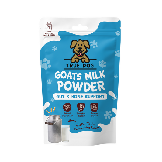 True Dog Goats Milk Powder, a daily low-lactose digestive drink or food topper for dogs and cats, in retail pouch, front view.
