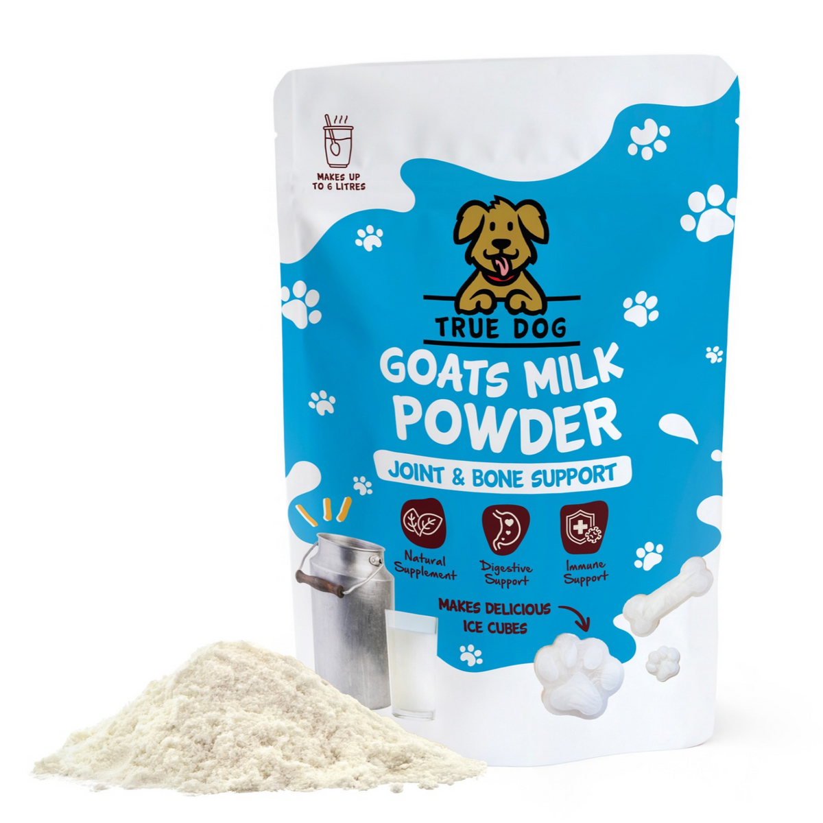 True Dog Goats Milk Powder, daily low-lactose digestive drink or food topper for dogs and cats, in a retail pouch, front view, with a pile of the white milk powder in front.