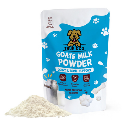 True Dog Goats Milk Powder, daily low-lactose digestive drink or food topper for dogs and cats, in a retail pouch, front view, with a pile of the white milk powder in front.