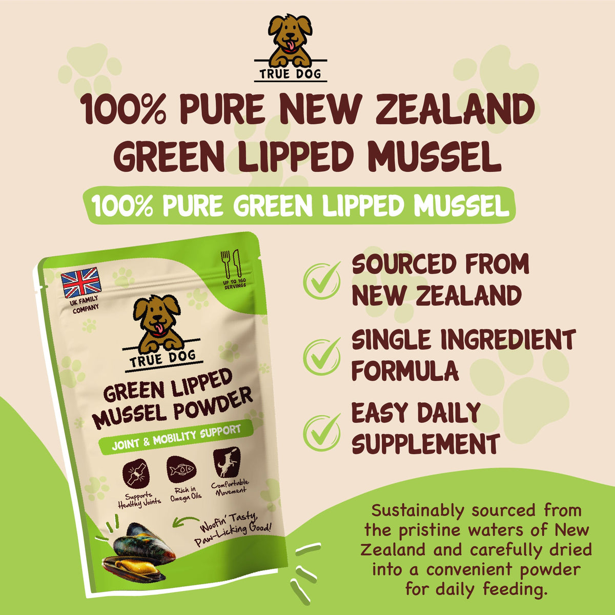 True Dog graphic, 100% Pure New Zealand Green Lipped Mussel, single ingredient formula, easy daily supplement.