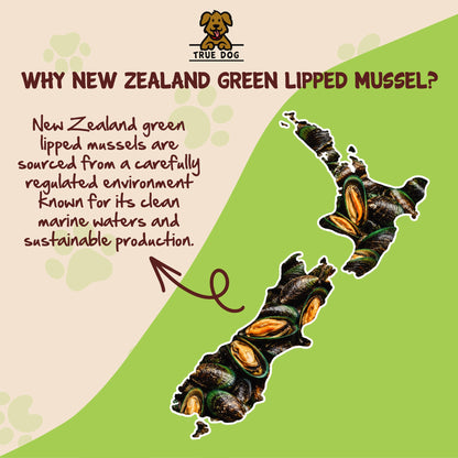 True Dog graphic: Why New Zealand Green Lipped Mussel? Sourced from carefully regulated environment known for clean waters and sustainability.