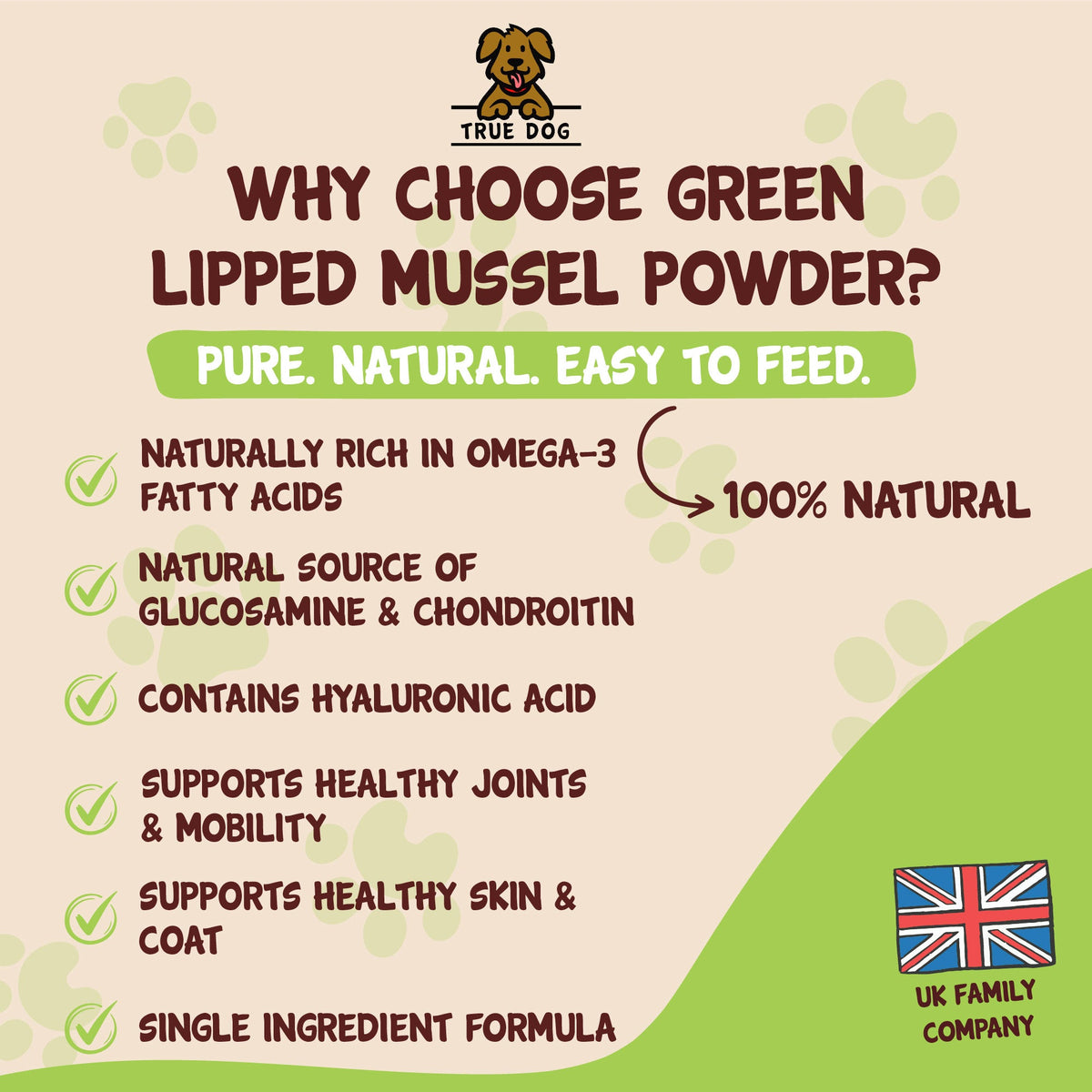 True Dog Graphic: Why Choose Green Lipped Mussel Powder: Pure, natural, easy to feed, 100% natural. Supports healthy joints and mobility.