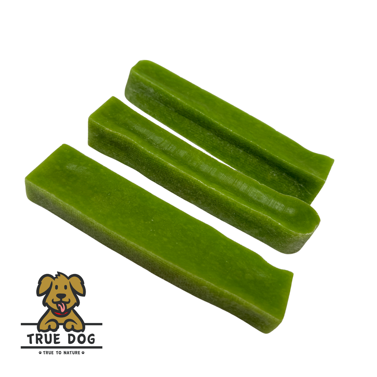 Three True Dog Yak Chews Mint Flavour in a row, on a white background. Yak Milk dental chew bars for dogs.