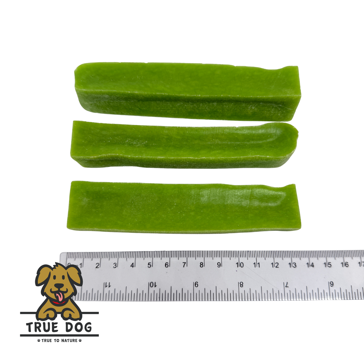 Three True Dog Yak Chews next to a ruler to show a rough length of 13cm.