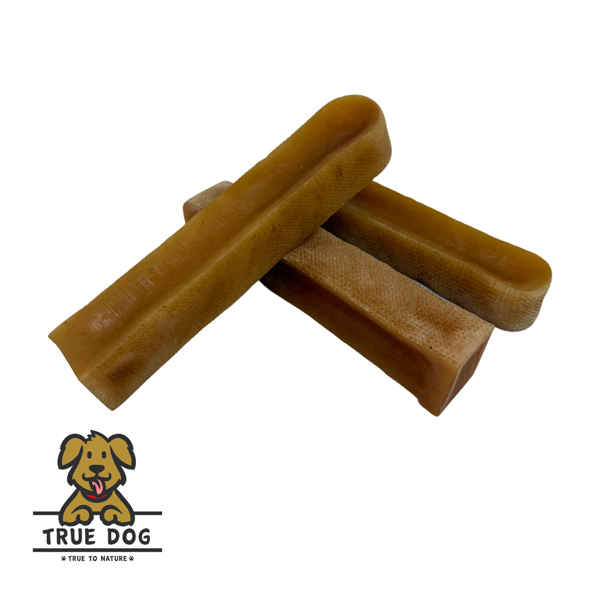 Three True Dog Yak Chews Peanut Butter Flavour stacked in a pile. Chew bars for dog dental care and enrichment.