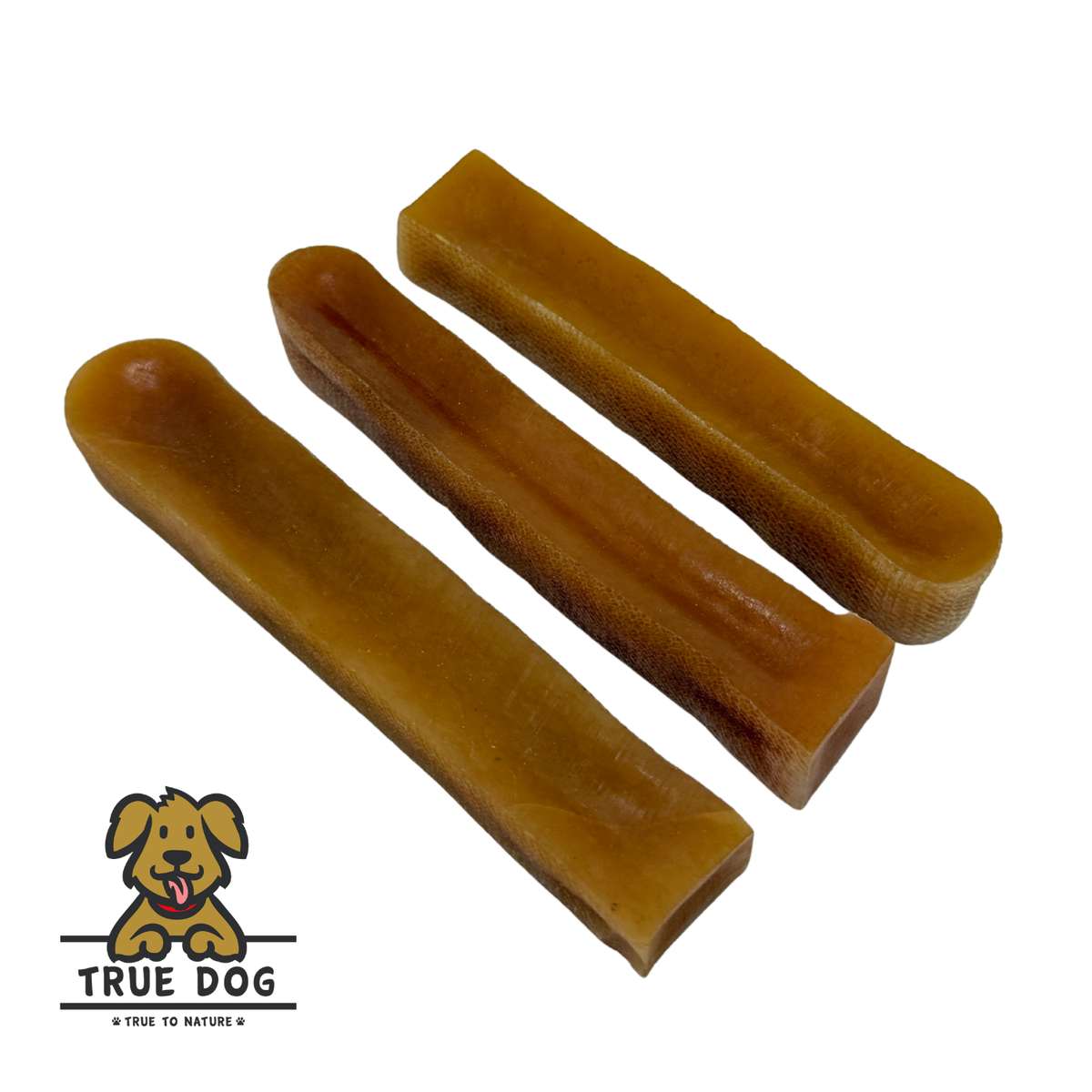 Three True Dog Yak Chews Peanut Butter Flavour in a row, on a white background. Yak Milk dental chew bars for dogs.