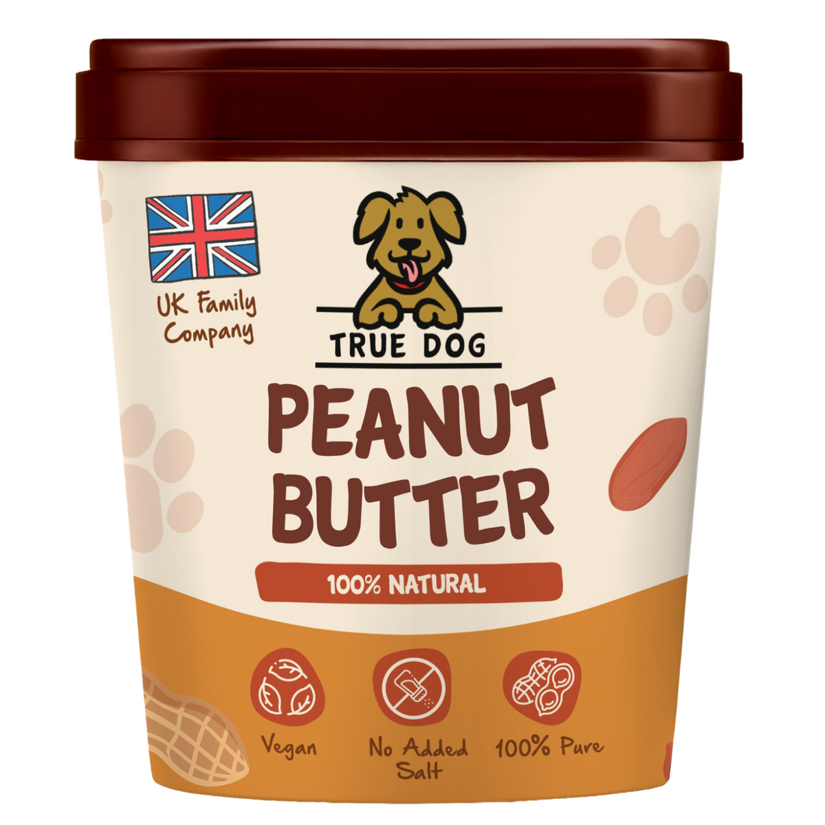 True Dog Peanut Butter, 100% Natural, Vegan, and No Added Salt, treat for dogs, in orange and brown tub, front view.
