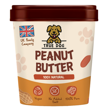 True Dog Peanut Butter, 100% Natural, Vegan, and No Added Salt, treat for dogs, in orange and brown tub, front view.