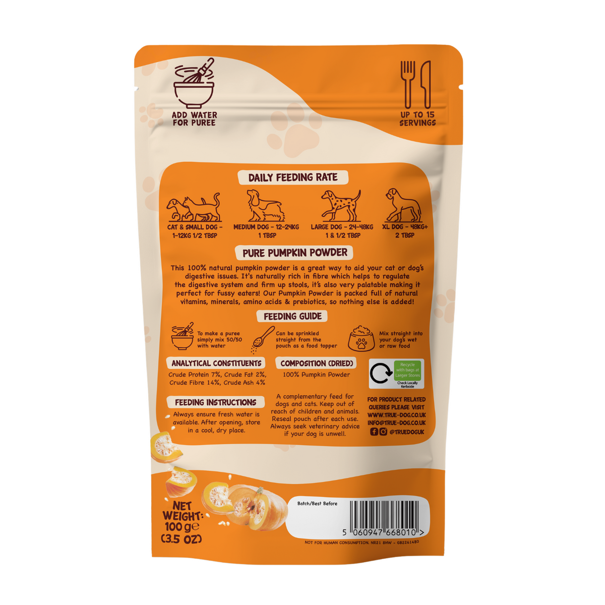 True Dog Pumpkin Powder, in retail pouch, rear view showing composition and feeding guides.