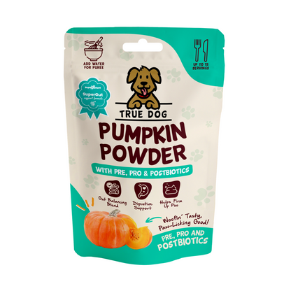 True Dog Pumpkin Powder with Pre, Pro & Postbiotics, digestive support supplement for dogs, in retail pouch, front view.