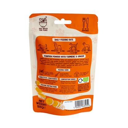 True Dog Pumpkin Powder with Turmeric & Ginger, daily joint & digestion support for dogs, in retail pouch, rear view.