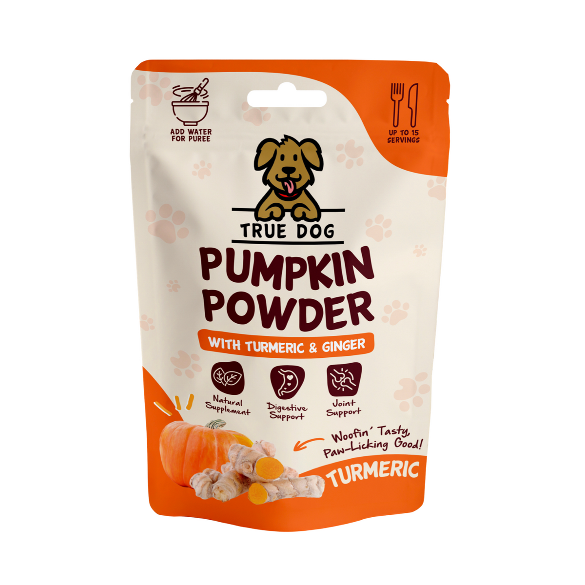 True Dog Pumpkin Powder with Turmeric & Ginger, joint & digestive support supplement for dogs, in retail pouch, front view.