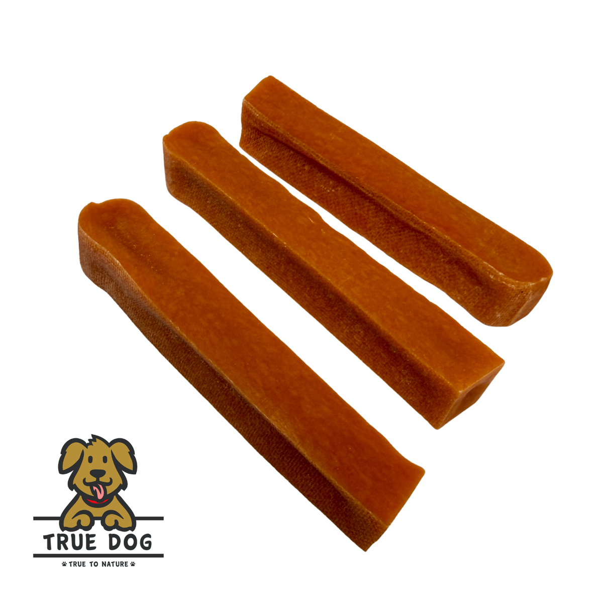 Three True Dog Yak Chews Pumpkin Flavour in a row, on a white background. Yak Milk dental chew bars for dogs.
