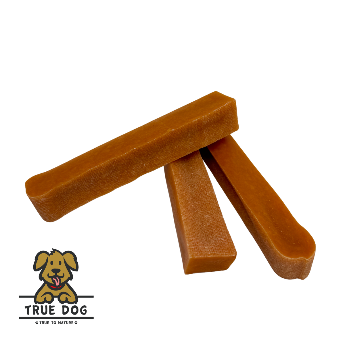 Three True Dog Yak Chews Pumpkin Flavour stacked in a pile. Chew bars for dog dental care and enrichment.