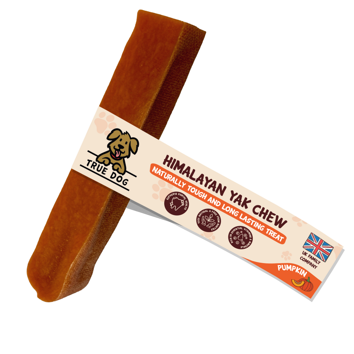 True Dog Himalayan Yak Chew Pumpkin, a naturally tough and long-lasting pumpkin chew for dogs.