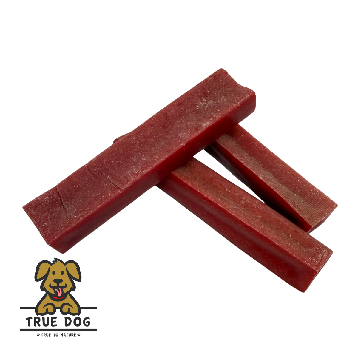 Three True Dog Yak Chews Strawberry Flavour stacked in a pile. Chew bars for dog dental care and enrichment.