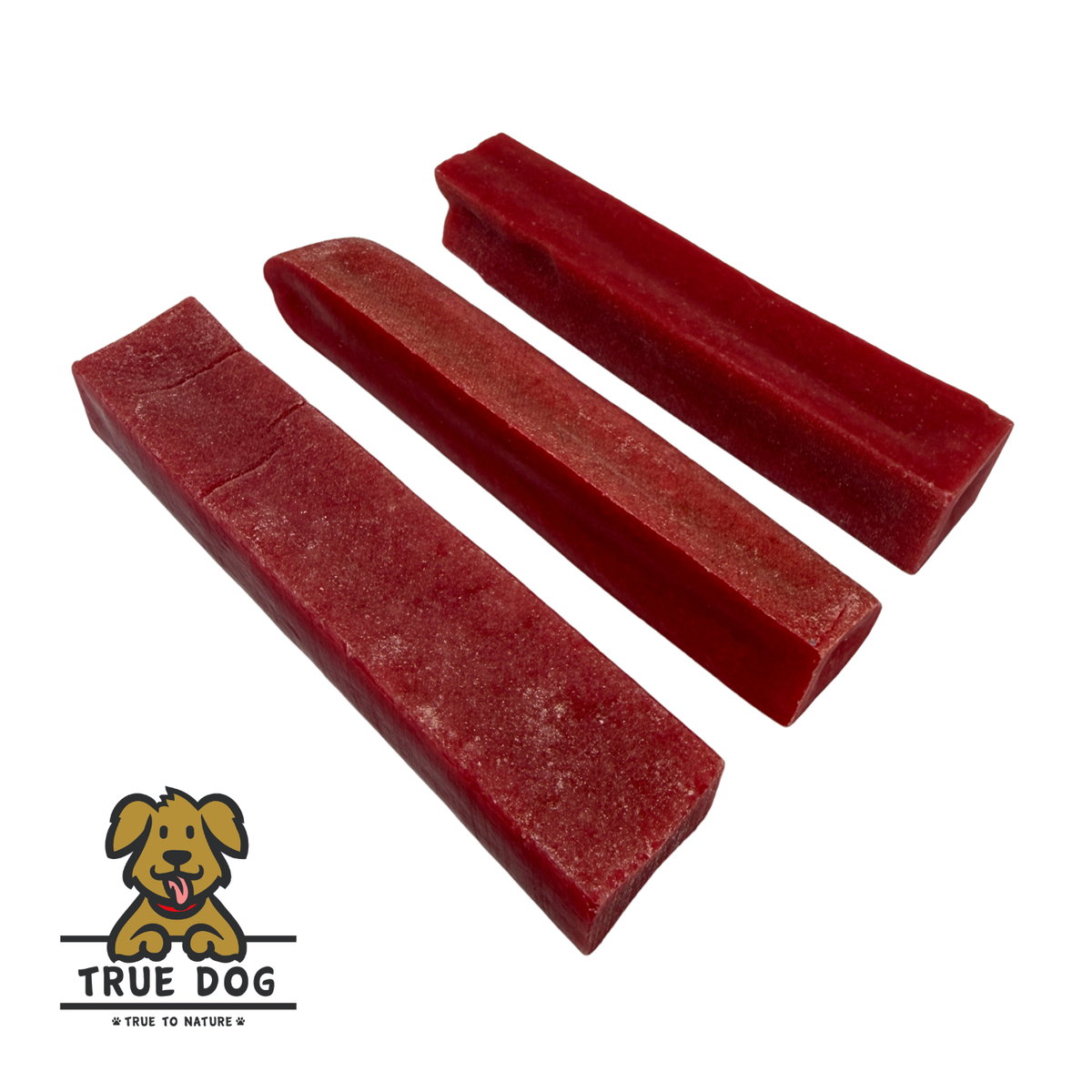 Three True Dog Yak Chews strawberry flavour in a row, on a white background. Yak Milk dental chew bars for dogs.