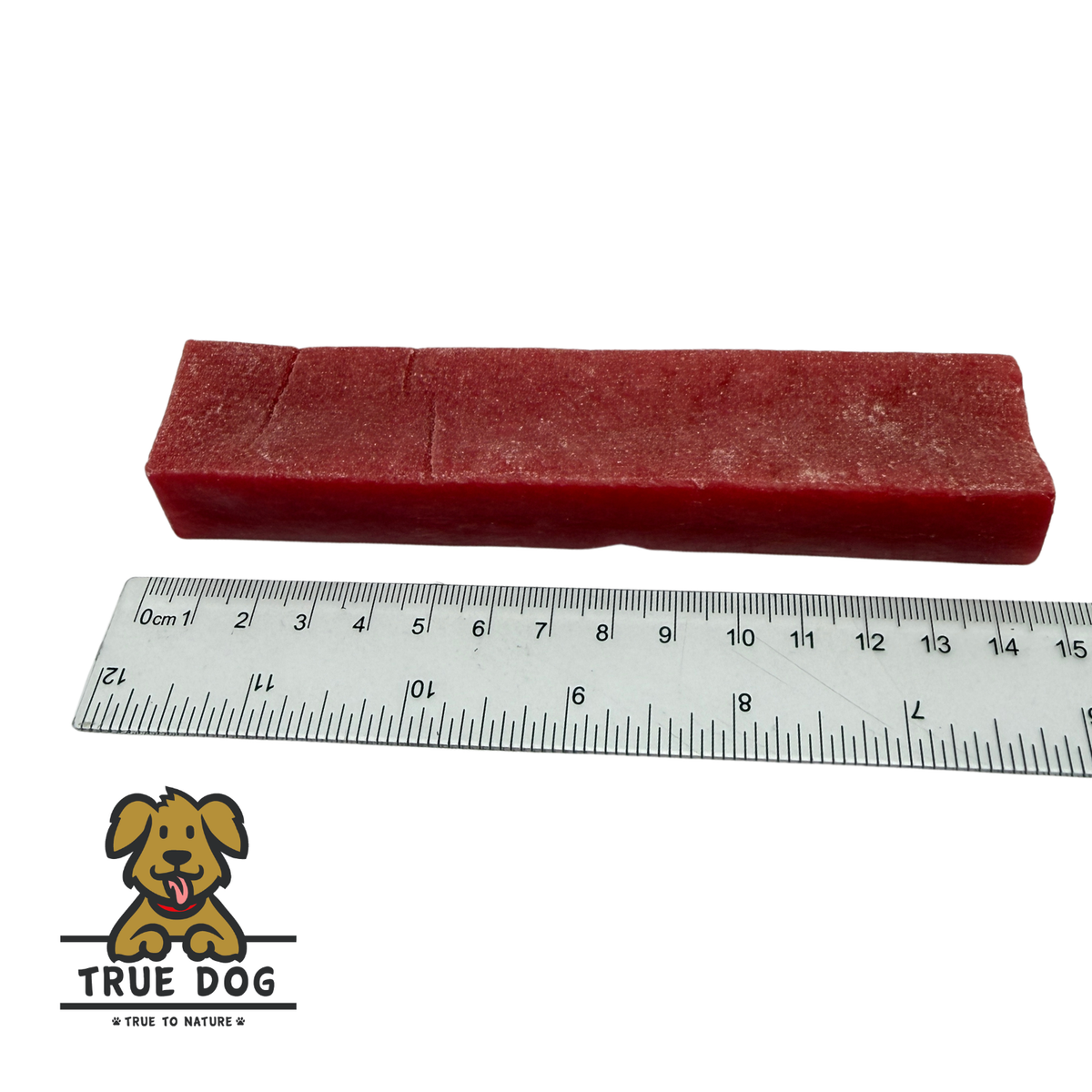 Three True Dog Yak Chews next to a ruler to show a rough length of 15cm.
