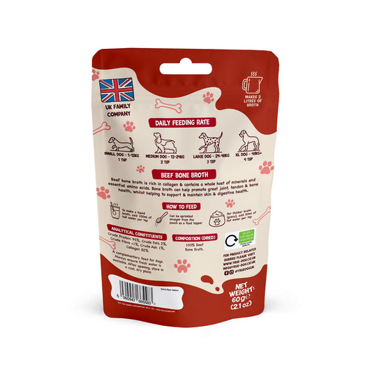 True Dog Beef Bone Broth, daily supplement for cats and dogs, in retail pouch, rear view showing composition and feeding guide.