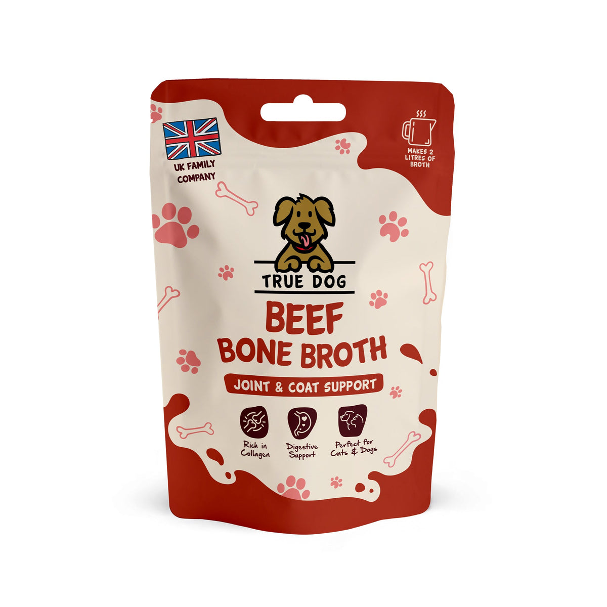 True Dog Beef Bone Broth, joint & coat support supplement for cats and dogs, in retail pouch, front view.