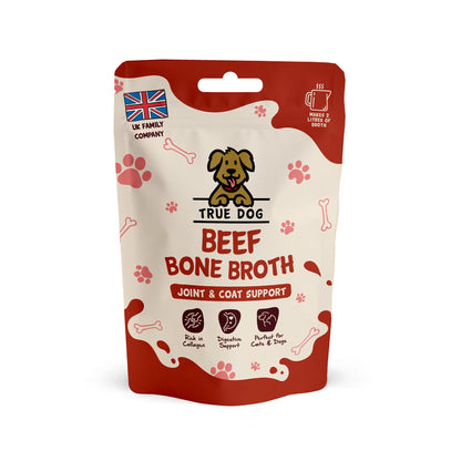 True Dog Beef Bone Broth, joint & coat support supplement for cats and dogs, in retail pouch, front view.