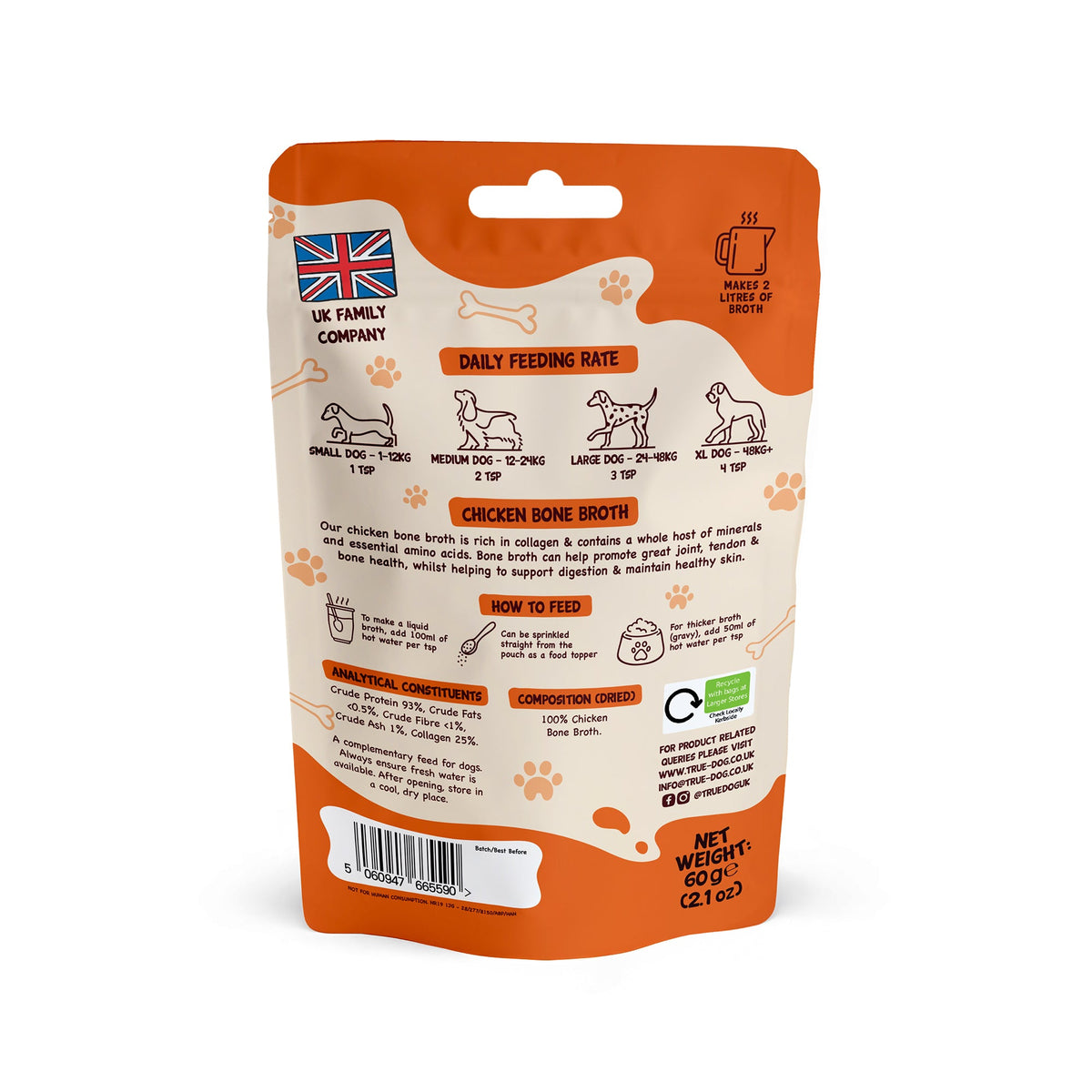 True Dog Chicken Bone Broth daily supplement for cats and dogs, in retail pouch, rear view showing composition and feeding guide.