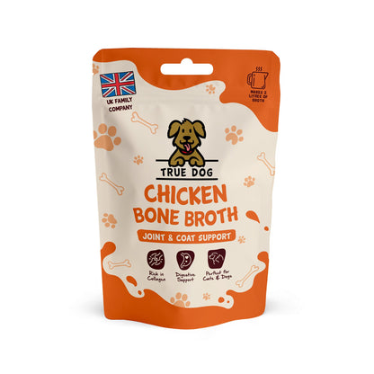 True Dog Chicken Bone Broth, joint & coat support supplement for cats and dogs, in retail pouch, front view.