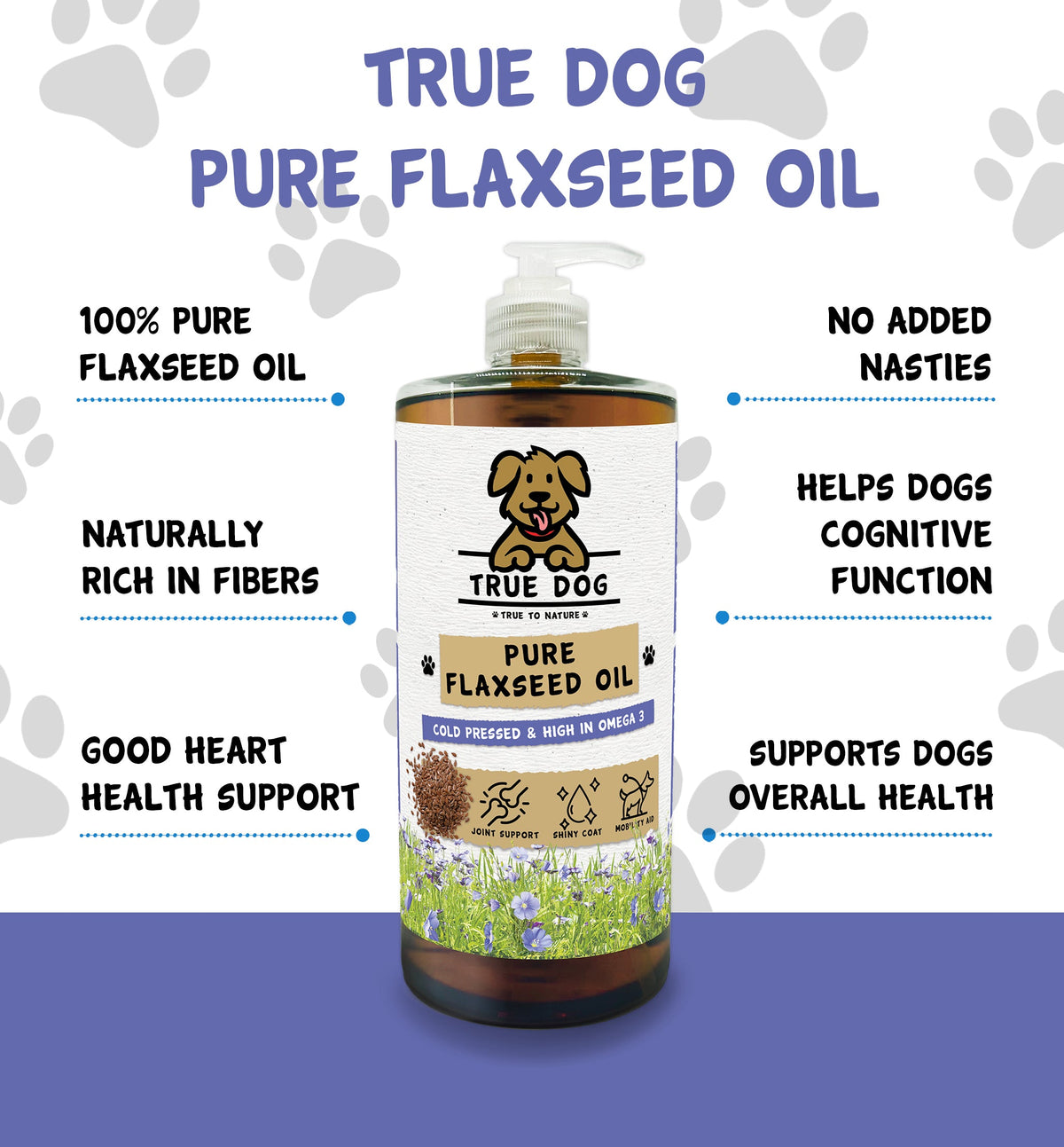 True Dog Flaxseed Oil graphic: 100% pure, no additives, helps cognitive function, high in fibre, supports overall health.