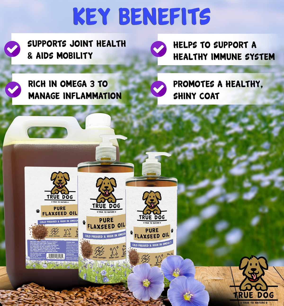 True Dog Flaxseed Oil Key Benefits Graphic: Supports joints & mobility, supports immune system, rich in omega-3, promotes healthy, shiny coat.