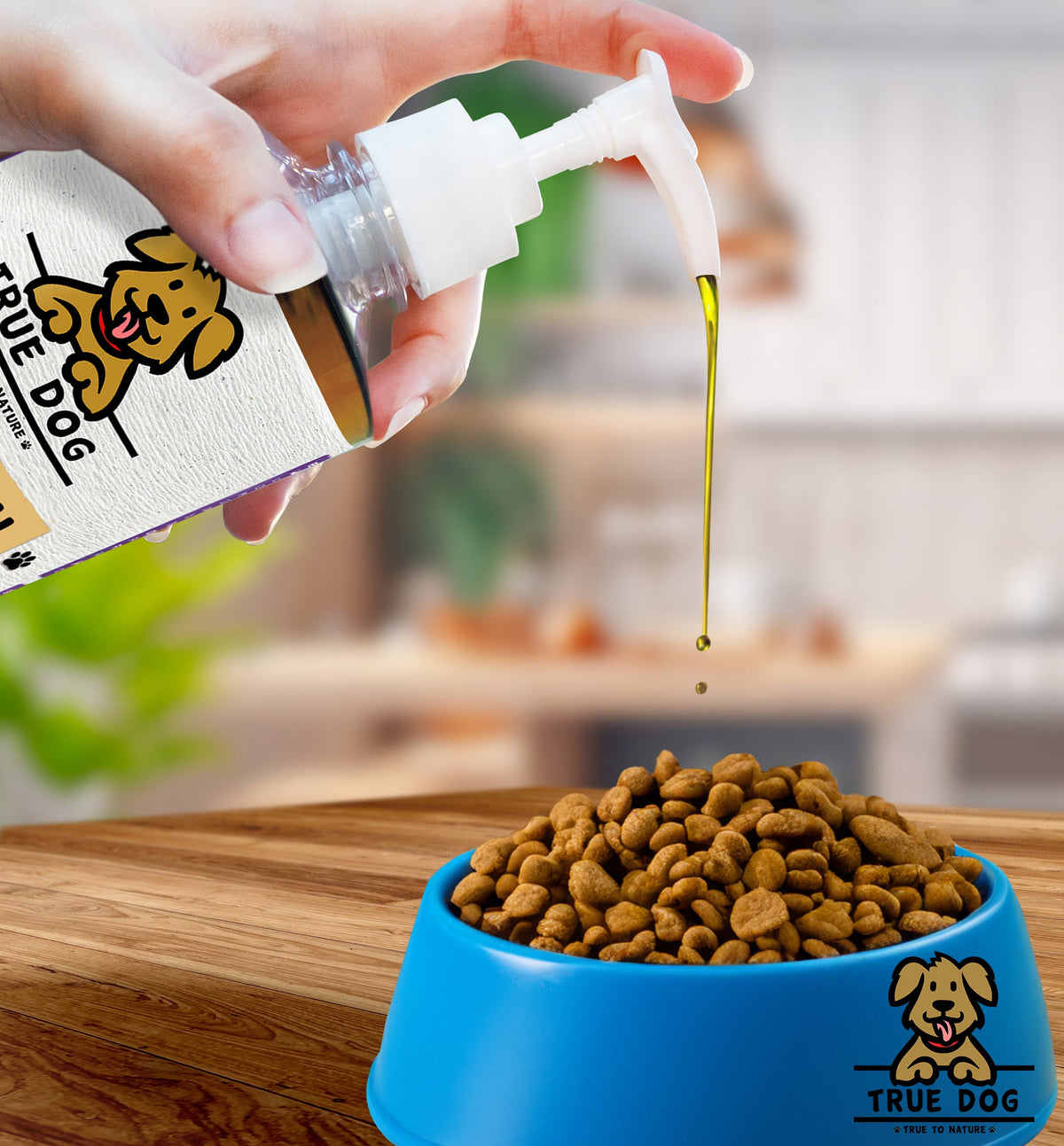 True Dog flaxseed oil being pumped onto a bowl of dry dog food.