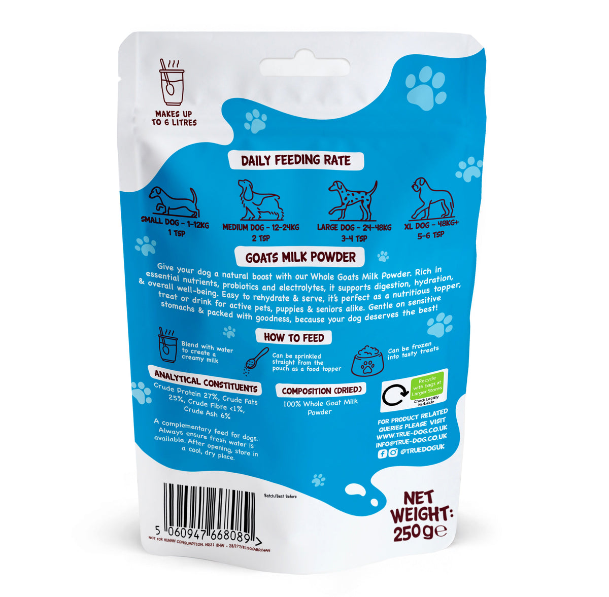 True Dog Goats Milk Powder, immune, digestive & bone health support drink or food topper for dogs, in retail pouch, rear view.