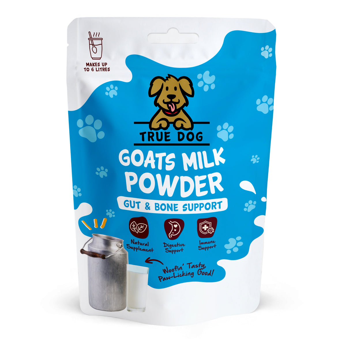 True Dog Goats Milk Powder, gut, bone & immune support supplement for dogs, in retail pouch, front view.