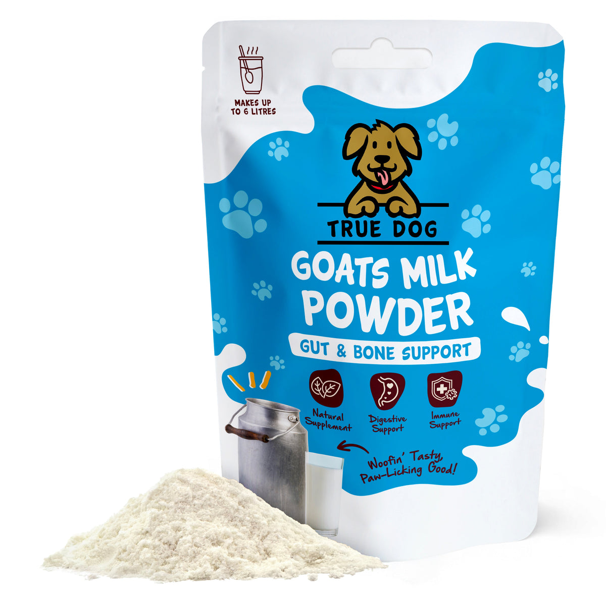 True Dog Goats Milk Powder, daily immune, digestive & bone support supplement for dogs, in retail pouch with pile of goats milk powder.