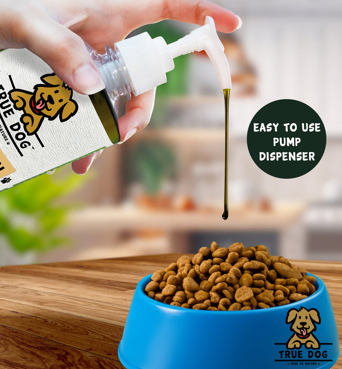 True Dog Hemp Oil being pumped onto a bowl of dry dog food, "Easy to Use Pump Dispenser".
