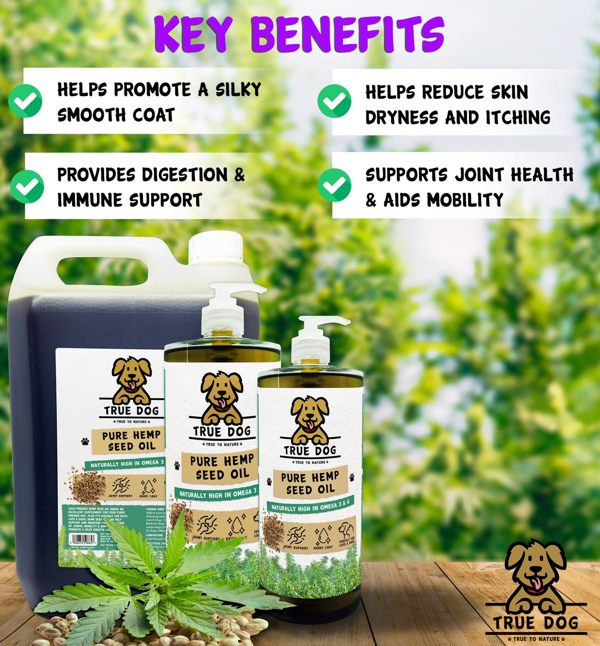 True Dog Hemp Oil Key Benefits graphic: promotes silky coat, reduces skin dryness & itching, digestion & immune support, supports joints & mobility.