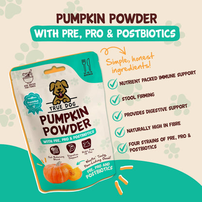 True Dog graphic highlighting immune support, stool firming, digestive support, high fibre, and four strains of pre, pro & postbiotics in True Dog Pumpkin Powder with Pre, Pro & Postbiotics.