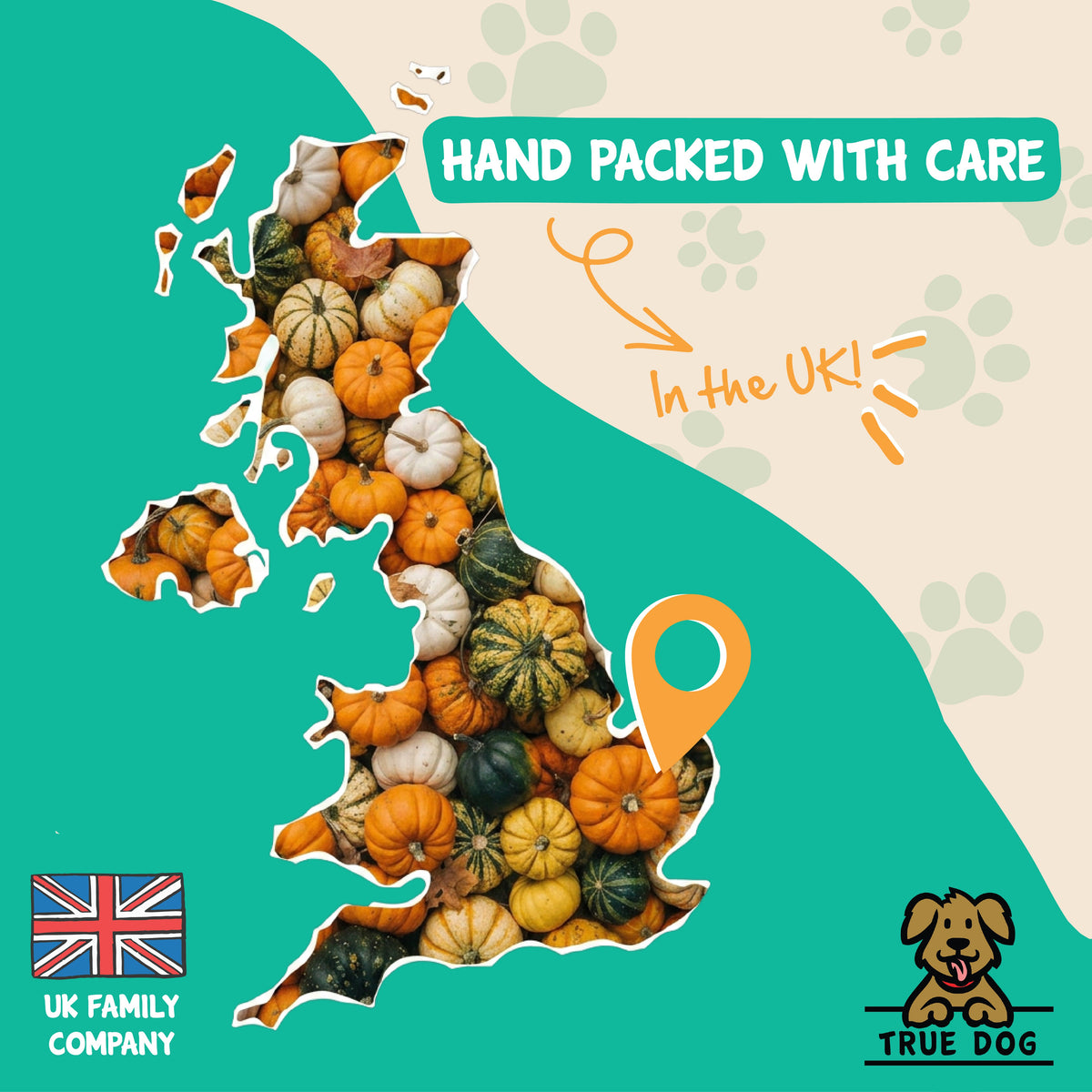 True Dog graphic: "Hand Packed with Care in the UK", with UK map filled with pumpkins.