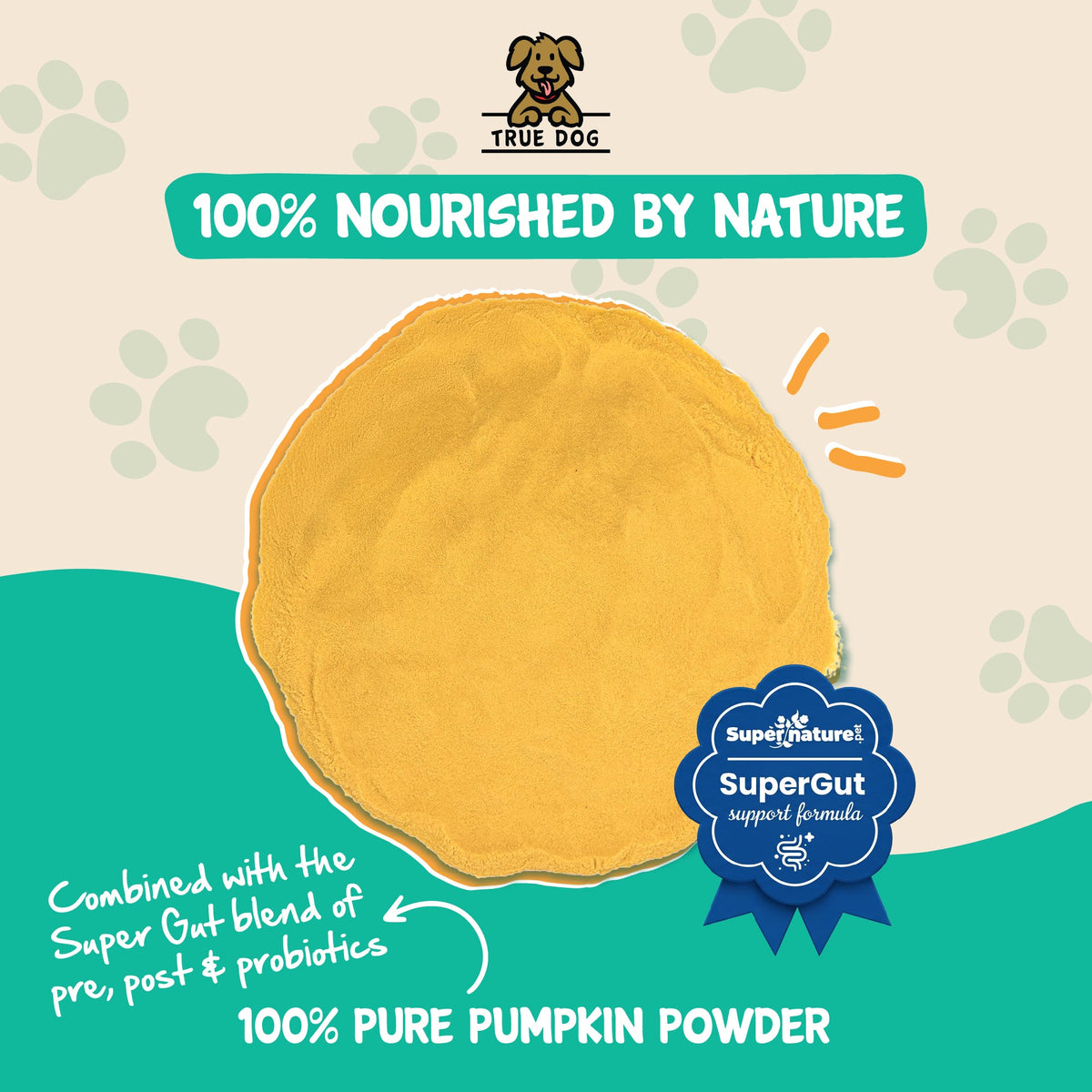 True Dog graphic: 100% Nourished by Nature, 100% Pure Pumpkin Powder combined with Super Gut blend of pre, post, and probiotics.