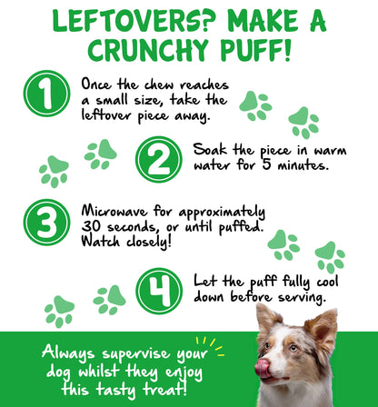 True Dog Yak Chew Crunchy Puff guide: take leftover, soak in warm water for 5 minutes, microwave for 30 seconds, and let cool down.
