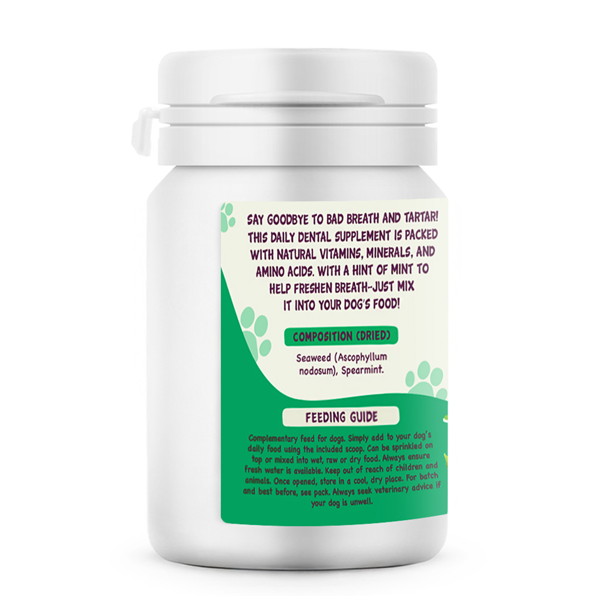 True Dog Plaque Remover, daily dog dental support, 60g tub, rear view showing composition and feeding guide.