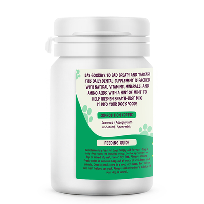 True Dog Plaque Remover, daily dog dental support, 60g tub, rear view showing composition and feeding guide.