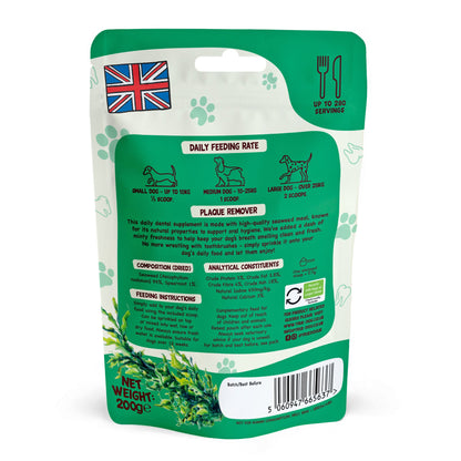 True Dog Plaque Remover, daily dental support for dogs, in 200g retail pouch, rear view showing composition & feeding guide.