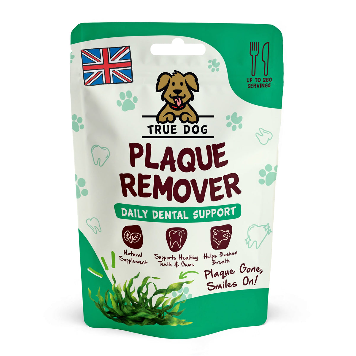 True Dog Plaque Remover, daily dental support for dogs. Supports healthy teeth & gums & freshens breath. In retail pouch, front view.