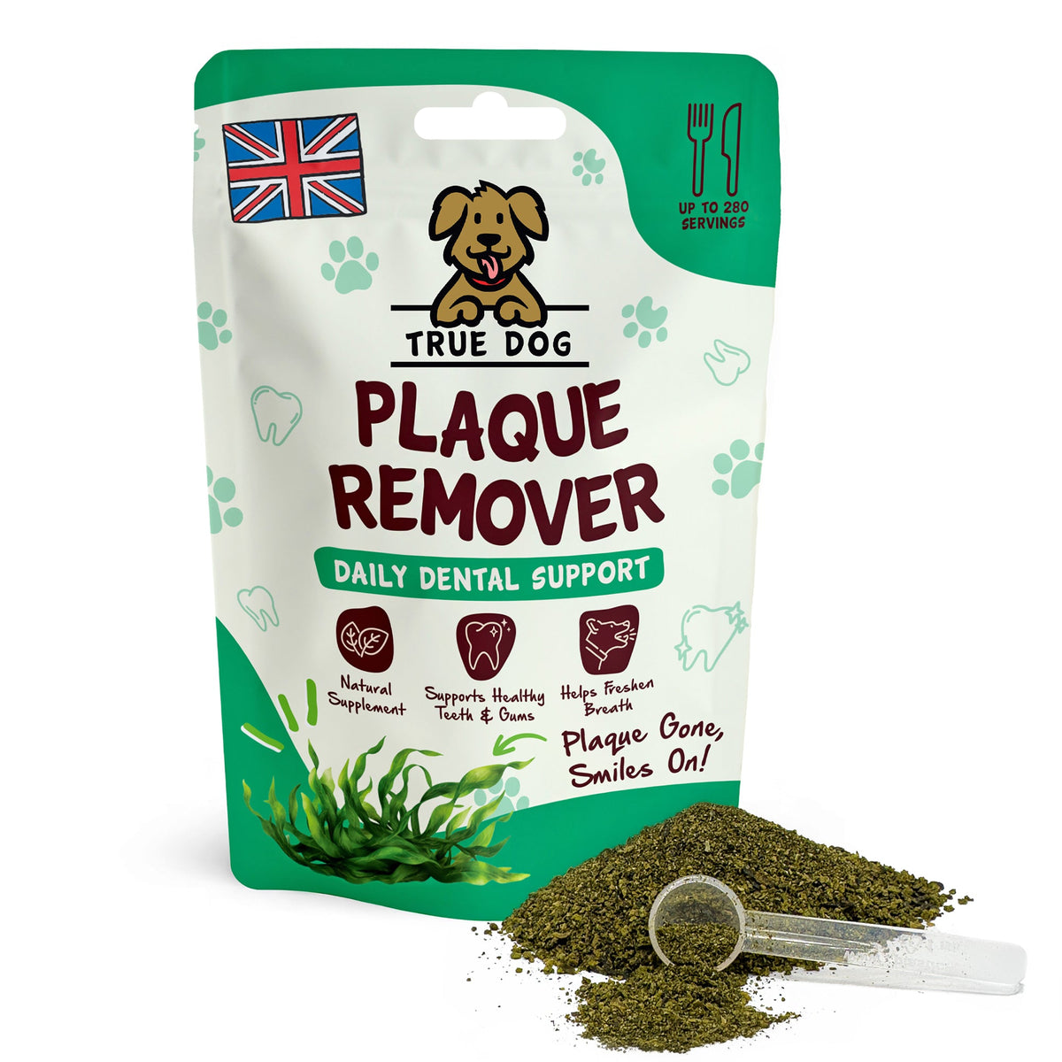 True Dog Plaque Remover, daily dental support supplement for dogs, supports healthy teeth & gums, in retail packaging with pile of seaweed & spearmint powder.